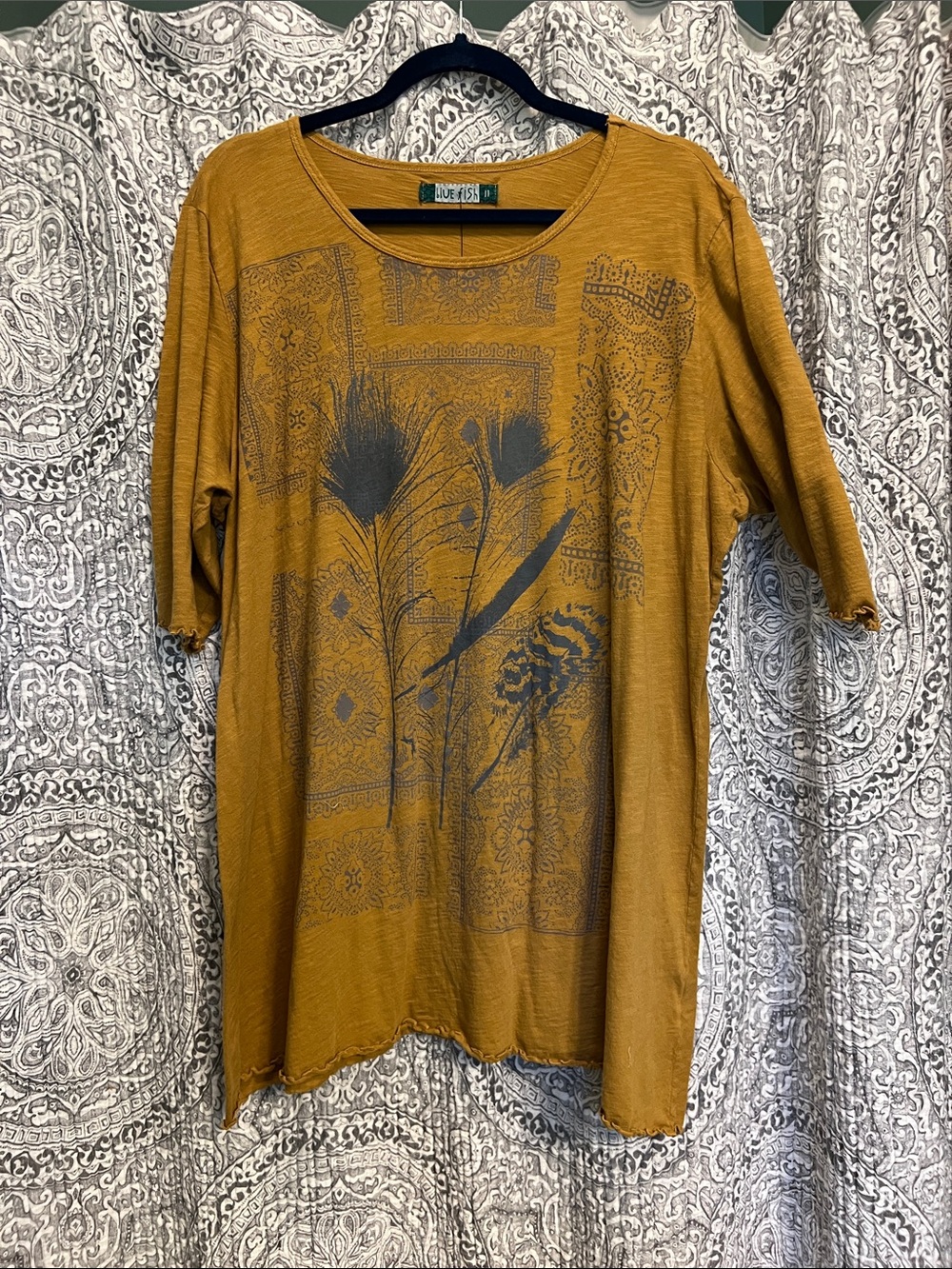 Blue Fish Mustard Tunic Tee # 1600 Antique brass with Feather Print